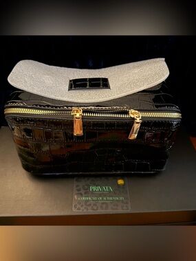Privata Black Croc-Embossed Cosmetic Case with Gold Hardware